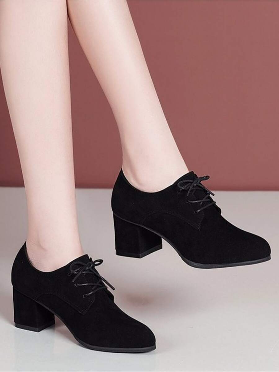 Suedette Chunky Heeled Lace-up Front Oxford Shoes - Black - View 1