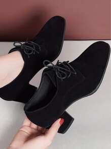 Suedette Chunky Heeled Lace-up Front Oxford Shoes - Black - View 3