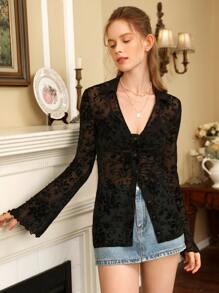 SHEIN MOD Áo sơ mi nữ Xù nhỏ cắt Nút phía trước màu trơn Thanh lịch - màu đen - Xem 2