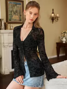 SHEIN MOD Áo sơ mi nữ Xù nhỏ cắt Nút phía trước màu trơn Thanh lịch - màu đen - Xem 4