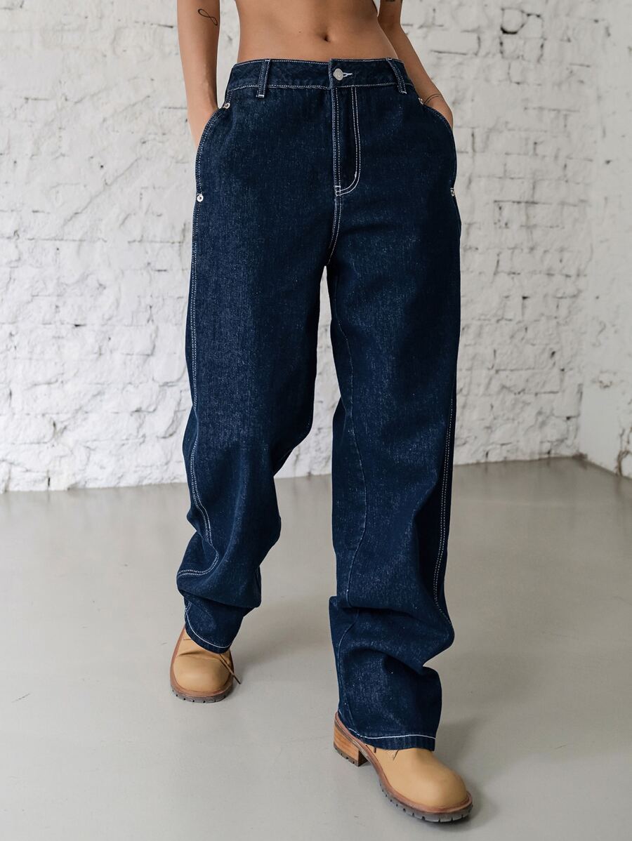 DAZY Button Side Straight Leg Jeans,Back To School Clothes - Dark Wash - View 1