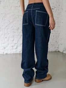 DAZY Button Side Straight Leg Jeans,Back To School Clothes - Dark Wash - View 2