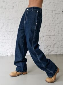 DAZY Button Side Straight Leg Jeans,Back To School Clothes - Dark Wash - View 3