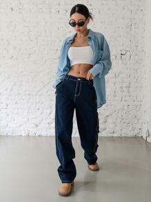 DAZY Button Side Straight Leg Jeans,Back To School Clothes - Dark Wash - View 6