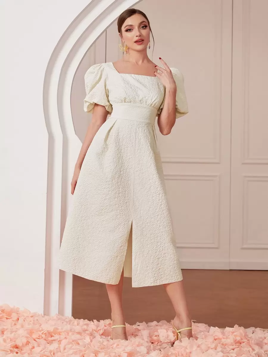 Modelyn Square Neck Puff Sleeve Split Hem Dress - Beige - View 1