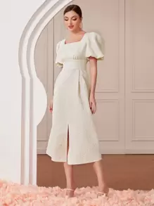 Modelyn Square Neck Puff Sleeve Split Hem Dress - Beige - View 3