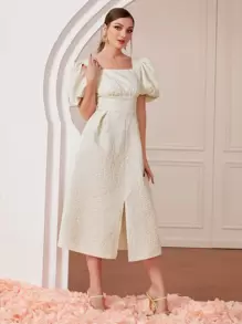 Modelyn Square Neck Puff Sleeve Split Hem Dress - Beige - View 6