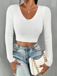 RosyDaze Solid Ribbed Knit Crop Jumper - White - View 4