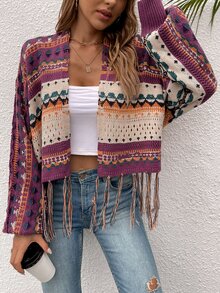 Elegant Chic Bohemian Knit Cardigan For Women, Geometric Pattern Long Sleeve Tassel Design, Cozy Casual Top For Spring And Autumn Winter, Valentine's Day Gift Back To School Fall Women Clothes Autumn Winter,Suitable For Christmas, Thanksgiving, And New Year - Multicolor - View 3