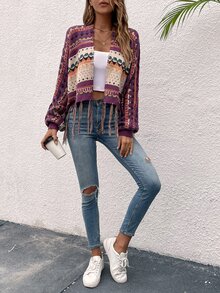 Elegant Chic Bohemian Knit Cardigan For Women, Geometric Pattern Long Sleeve Tassel Design, Cozy Casual Top For Spring And Autumn Winter, Valentine's Day Gift Back To School Fall Women Clothes Autumn Winter,Suitable For Christmas, Thanksgiving, And New Year - Multicolor - View 5