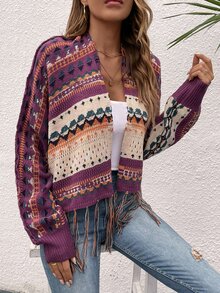 Elegant Chic Bohemian Knit Cardigan For Women, Geometric Pattern Long Sleeve Tassel Design, Cozy Casual Top For Spring And Autumn Winter, Valentine's Day Gift Back To School Fall Women Clothes Autumn Winter,Suitable For Christmas, Thanksgiving, And New Year - Multicolor - View 7