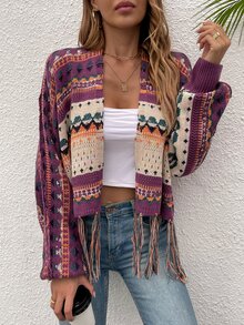 Elegant Chic Bohemian Knit Cardigan For Women, Geometric Pattern Long Sleeve Tassel Design, Cozy Casual Top For Spring And Autumn Winter, Valentine's Day Gift Back To School Fall Women Clothes Autumn Winter,Suitable For Christmas, Thanksgiving, And New Year - Multicolor - View 8