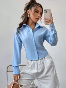 SHEIN Unity Solid Lace Up Back Crop Shirt Fall Cloth For Women - Blue - View 3