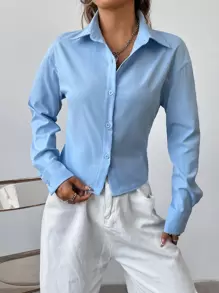 SHEIN Unity Solid Lace Up Back Crop Shirt Fall Cloth For Women - Blue - View 5