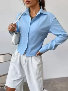 SHEIN Unity Solid Lace Up Back Crop Shirt Fall Cloth For Women - Blue - View 6