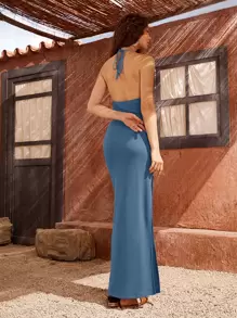 SHEIN VCAY Tied Backless Split Thigh Waffle Knit Dress - Dusty Blue - View 2