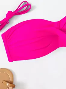 SHEIN Swim 扭結抹胸比基尼上衣帶1雙可拆卸帶 - 玫紅色 - 查看 3