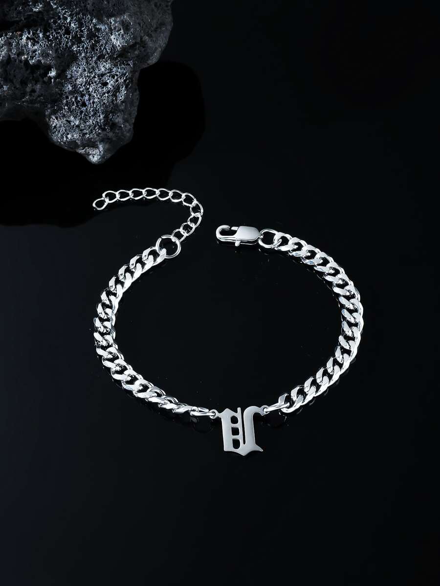 Men Letter Charm Bracelet - Silver - View 1