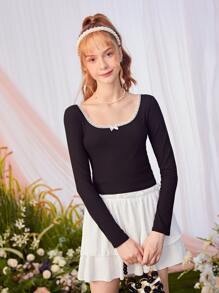 SHEIN Tops con gái Nơ Bướm Tương phản ren màu trơn Ăn mặc đẹp - màu đen - Xem 1