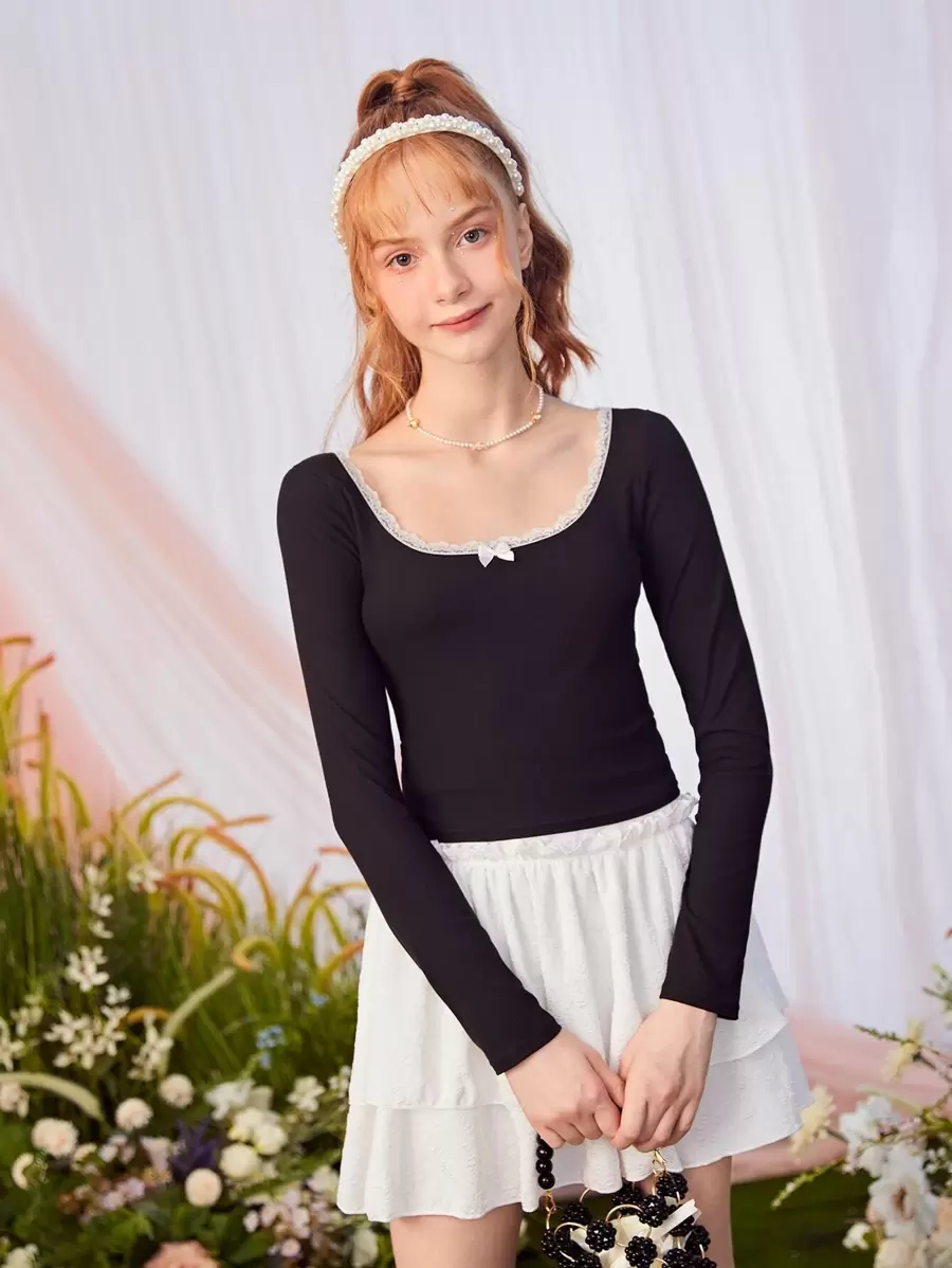 SHEIN Tops con gái Nơ Bướm Tương phản ren màu trơn Ăn mặc đẹp - màu đen - Xem 1