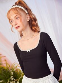 SHEIN Tops con gái Nơ Bướm Tương phản ren màu trơn Ăn mặc đẹp - màu đen - Xem 4