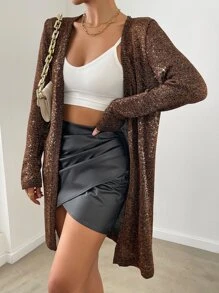 SHEIN Essnce Glitter Casual Design Cardigan - Coffee Brown - View 3