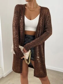 SHEIN Essnce Glitter Casual Design Cardigan - Coffee Brown - View 4
