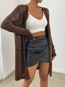 SHEIN Essnce Glitter Casual Design Cardigan - Coffee Brown - View 7