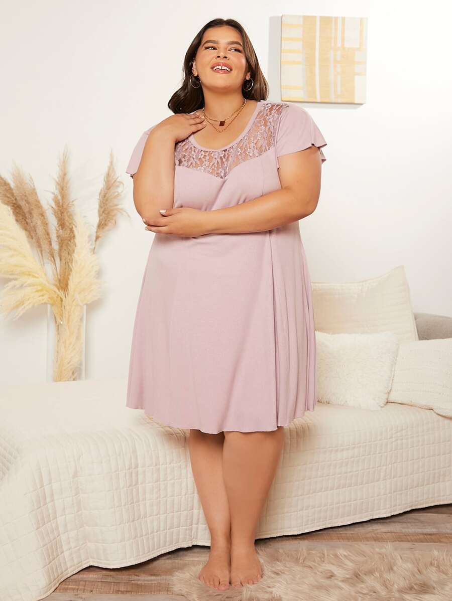 SHEIN CURVE+ 大碼拼接蕾絲蝴蝶袖睡裙