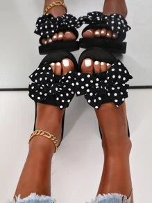 Women Polka Dot Bow Decor Slides, Fashionable Open Toe Flat Slides - Black and White - View 1