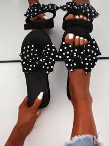Women Polka Dot Bow Decor Slides, Fashionable Open Toe Flat Slides - Black and White - View 4