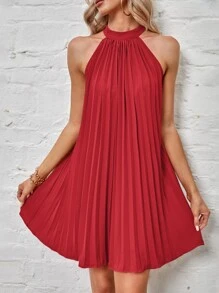 SHEIN BAE Tie Back Pleated Halter Dress - Red - View 2
