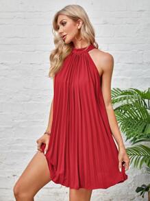 SHEIN BAE Tie Back Pleated Halter Dress - Red - View 3