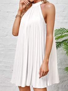 SHEIN BAE Tie Back Pleated Halter Dress - White - View 4