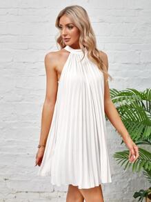 SHEIN BAE Tie Back Pleated Halter Dress - White - View 5