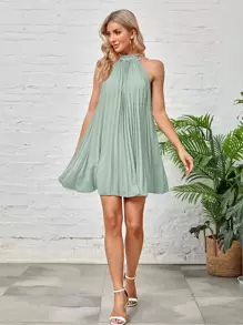 SHEIN BAE Tie Back Pleated Halter Dress,Sage Green Dress