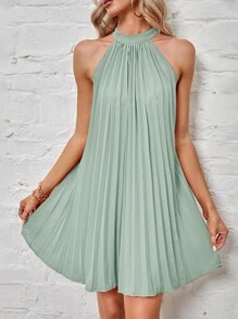 SHEIN BAE Tie Back Pleated Halter Dress,Sage Green Dress