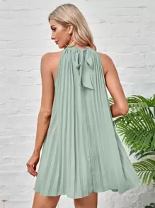 SHEIN BAE Tie Back Pleated Halter Dress,Sage Green Dress
