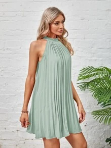 SHEIN BAE Tie Back Pleated Halter Dress,Sage Green Dress