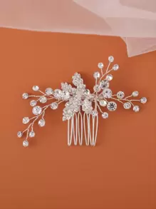Rhinestone Leaf Decor Bridal Hair Comb - Silver - View 1