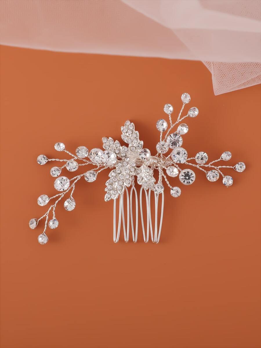 Rhinestone Leaf Decor Bridal Hair Comb - Silver - View 1