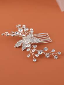 Rhinestone Leaf Decor Bridal Hair Comb - Silver - View 3