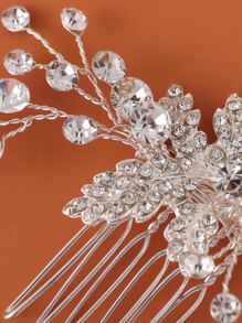 Rhinestone Leaf Decor Bridal Hair Comb - Silver - View 4