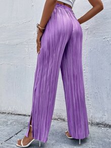 High Waist Plisse Wide Leg Pants - Purple - View 2