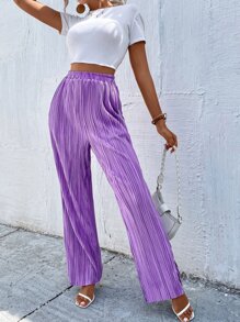 High Waist Plisse Wide Leg Pants - Purple - View 3