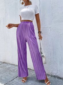 High Waist Plisse Wide Leg Pants - Purple - View 4
