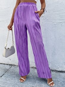 High Waist Plisse Wide Leg Pants - Purple - View 5