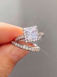 Cái/bộ Thời Trang Đính Đá Cubic Zirconia Bộ Nhẫn Nữ Cho Trang Sức Đính Hôn Lễ Tình Nhân Tặng - Bạc - Xem 2