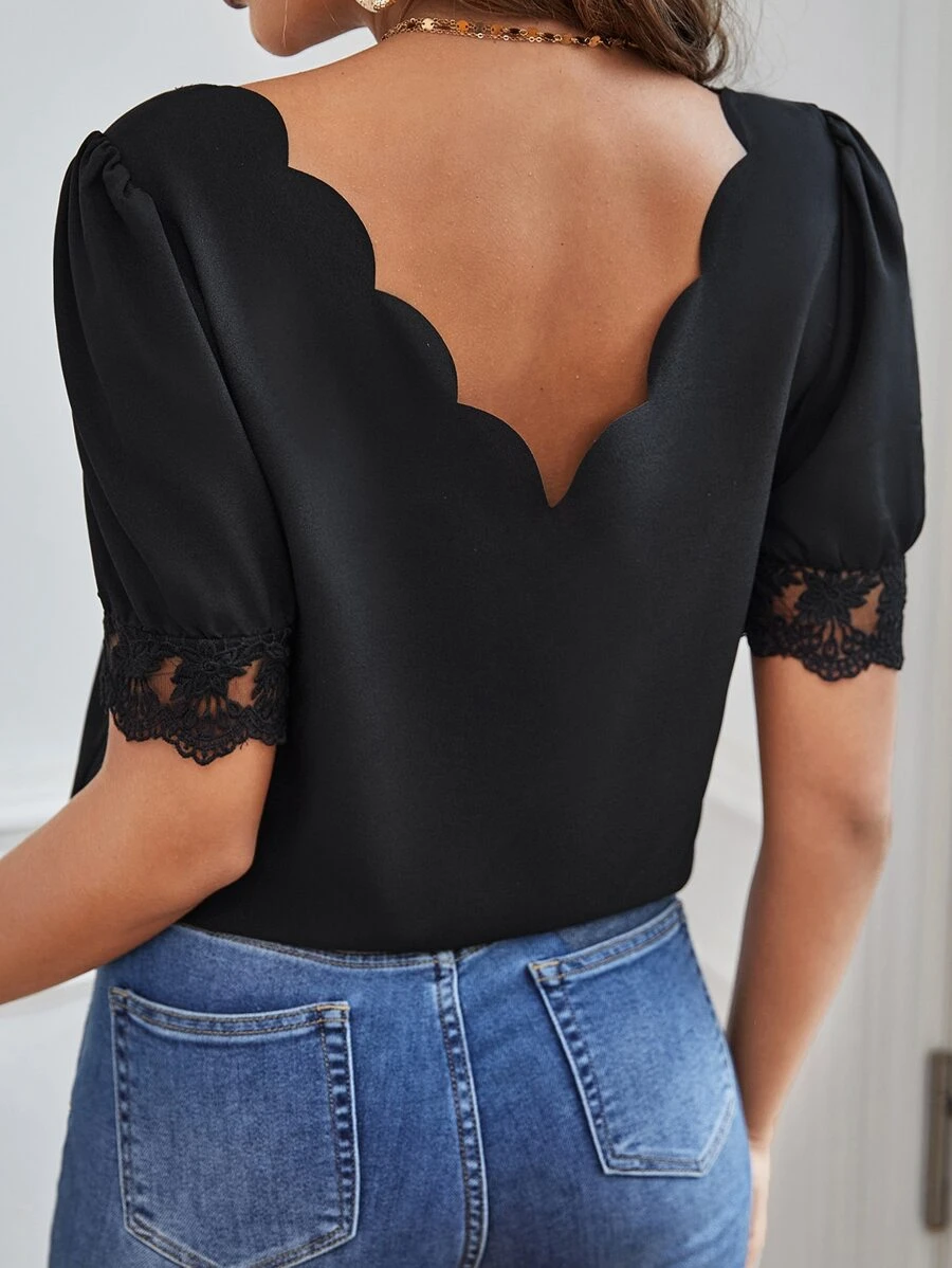 SHEIN Frenchy Scallop Trim Embroidery Mesh Cuff Top Summer Elegant Black Black - Black - View 1