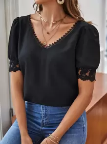 SHEIN Frenchy Scallop Trim Embroidery Mesh Cuff Top Summer Elegant Black Black - Black - View 2